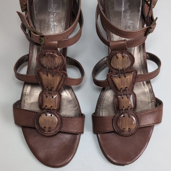 Coach And Four Genuine Leather Gladiator Beaded Strappy Wood Heels Boho - Picture 3 of 14